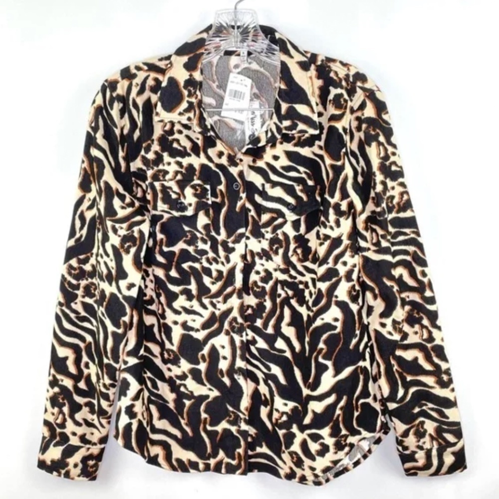 Miss Selfie Corduroy Abstract Printed Collared Button Down Long Sleeve Shirt S